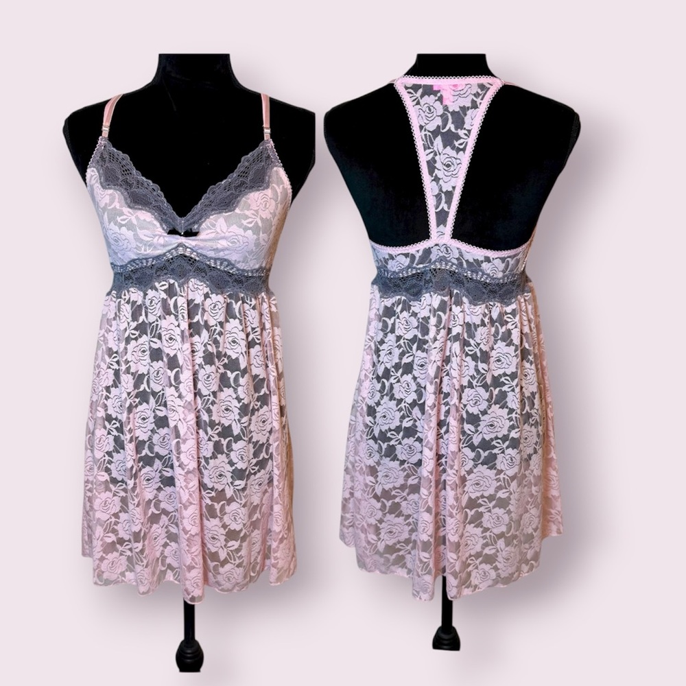 Betsey Johnson Lace Slip Dress Chemise Nightie Pink & Gray Racerback Size Medium
